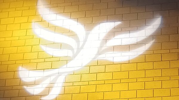 Lib Dem logo bird projected on blockwork